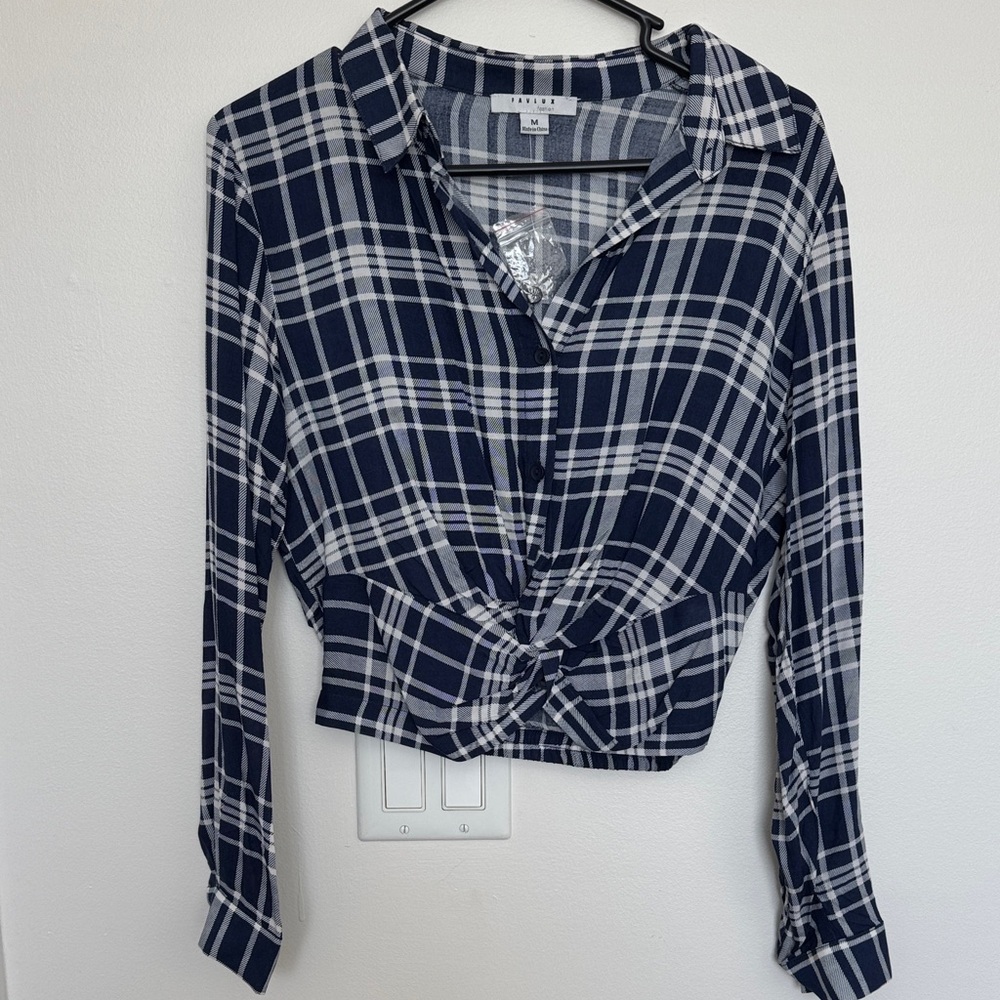 FAVLUX Blue & White Plaid Button-Front twist front Shirt
